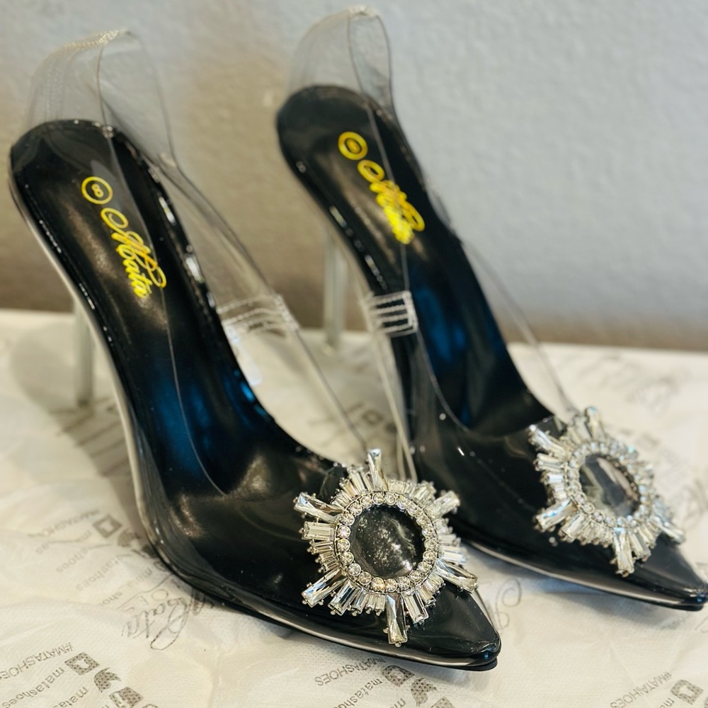 High heel slippers size 11 (heel) crystal clear with exquisite rhinestones, new.
